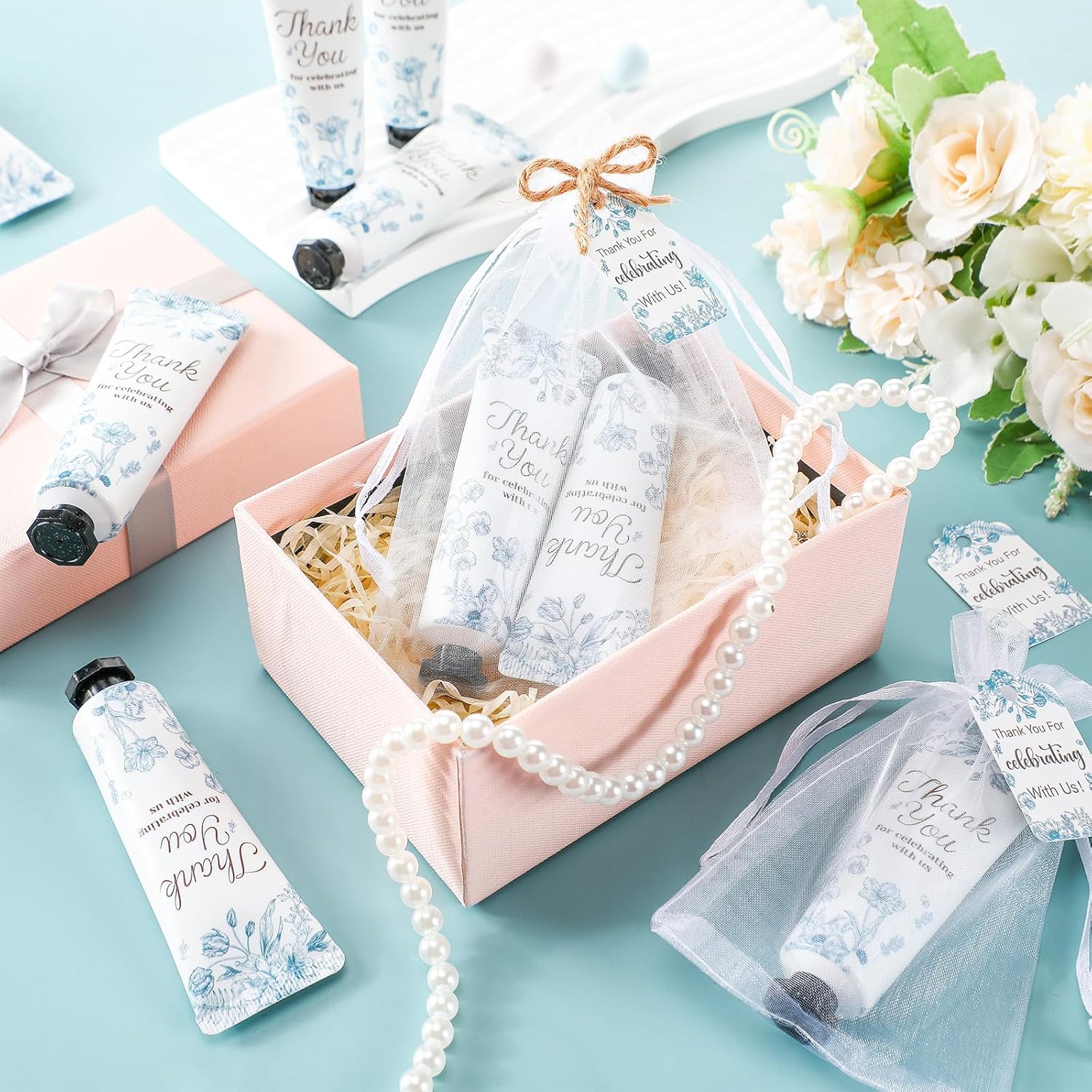 48 Sets Baby Shower Hand Cream Party Favors for Guests Gift Bulk Travel Size Hand Lotion Set for Baby Shower Wedding Christmas(Blue Flower) - Glowelle