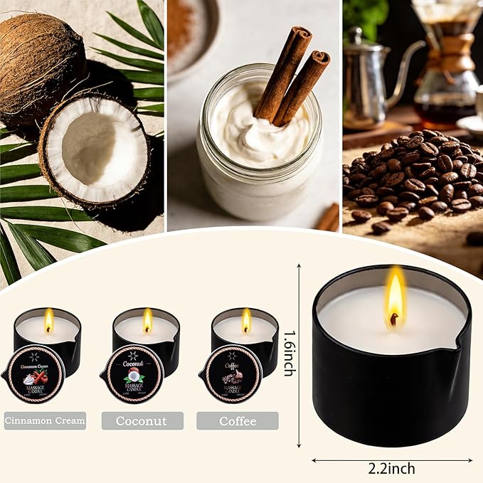 3 Pack Low Temperature Massage Oil Candle Set (2.35 oz Each) Soy Wax Candles That Melt into Skin-Nourishing Body Oil, 3 Assorted Scents for Home Spa, Massage Therapy, Relaxation, Self-Care & Festive