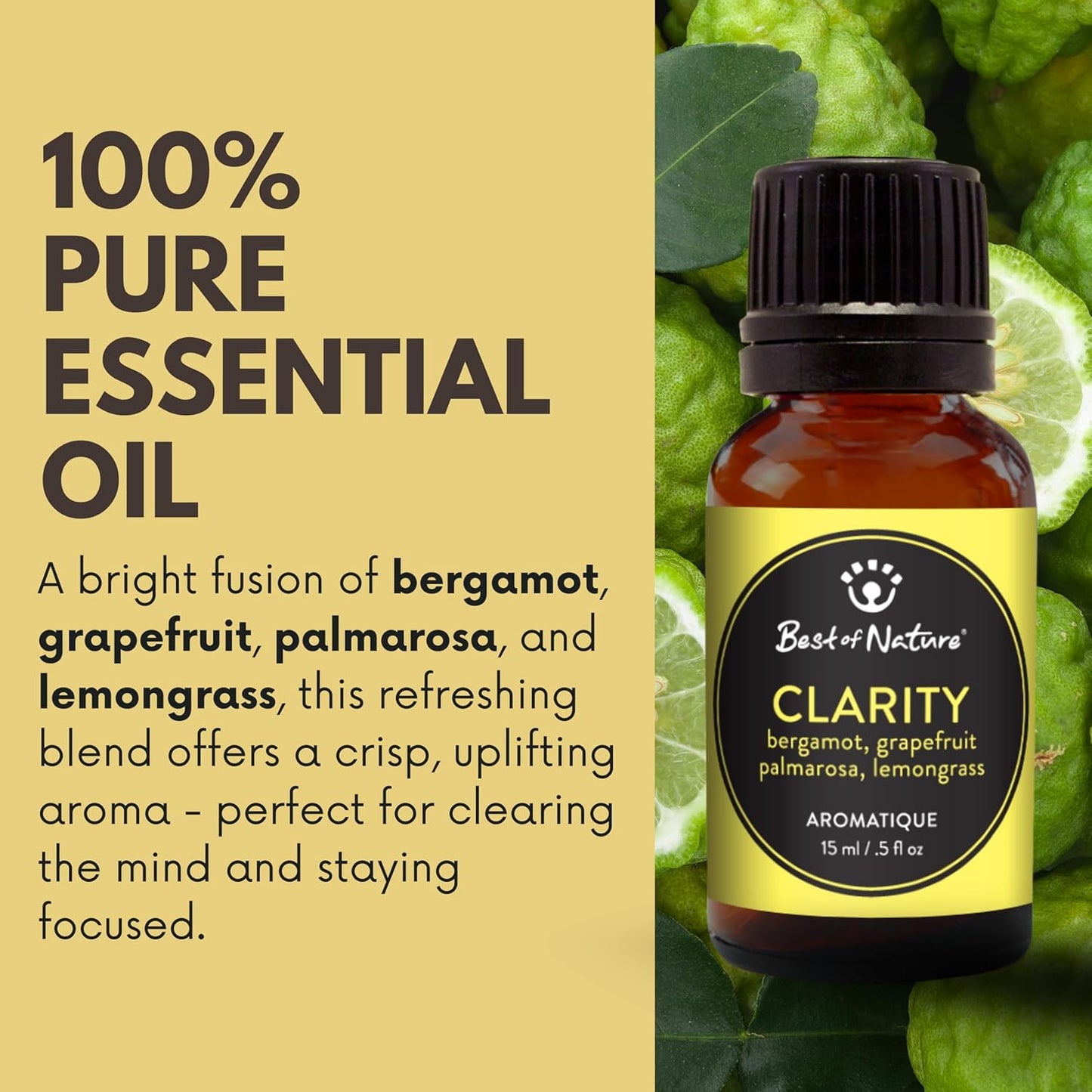 Best of Nature Clarity Essential Oil Blend – Bergamot, Grapefruit, Palmarosa & Lemongrass – 100% Pure for Diffuser, Focus & Mental Boost – Fresh Aromatherapy