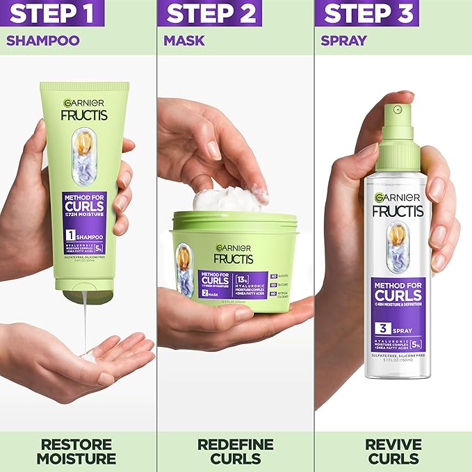 Garnier Fructis Method for Curls Curly Hair Products, Moisture Filling Shampoo, Hair Mask and Curl Refresher Spray, Designed and Tested for 2C to 4C Curls and Coils, 1 Kit