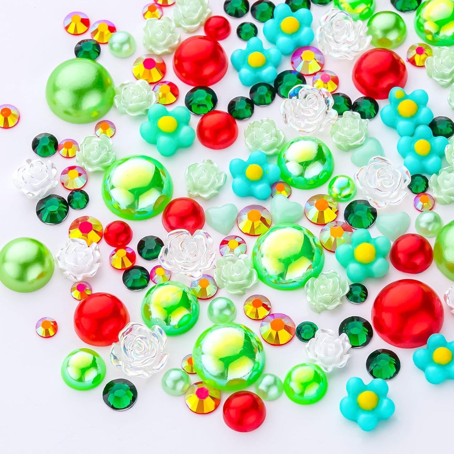 160g Red Green Flat Back Pearls Rhinestones with Gel for Crafts Mixed Size 3mm-10mm AB Color Round Half Pearls Flatback Pearl Beads and Resin Rhinestones Set for Face Art