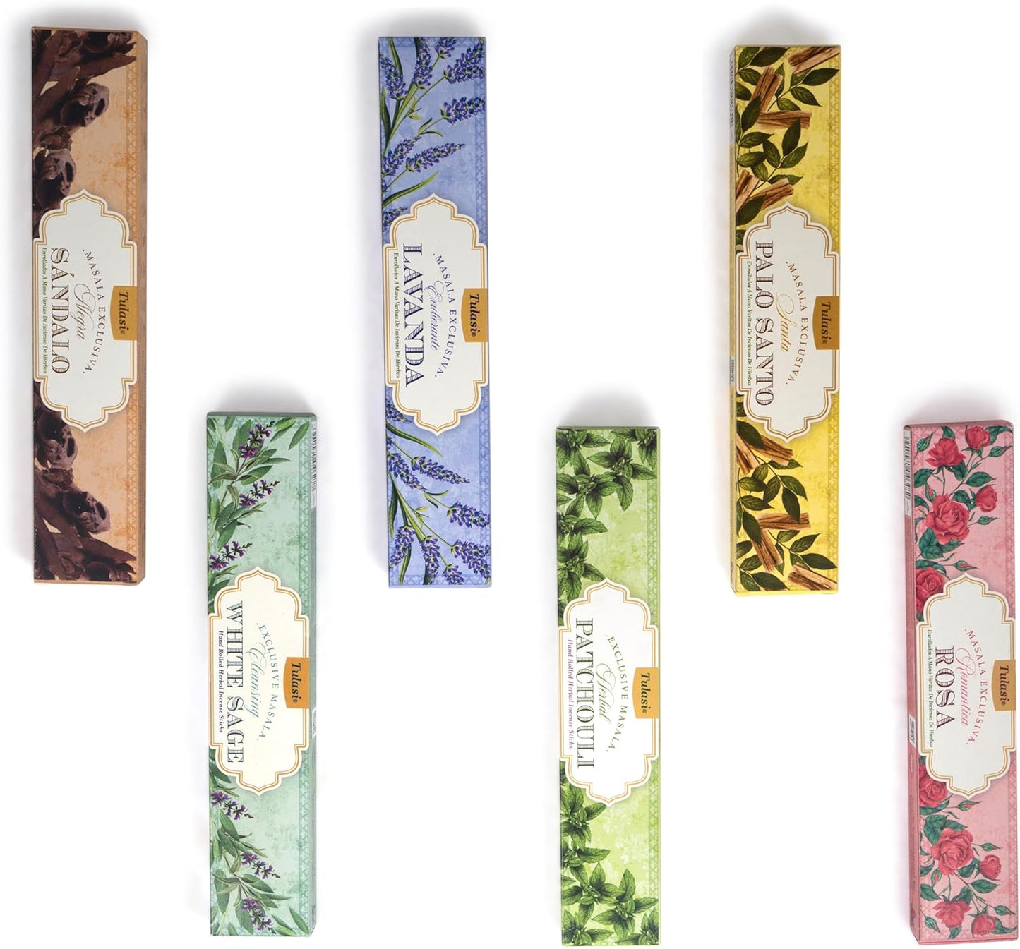 Tulasi Herbal Masala - Gift Pack of 6 x 15Gm, Hand Rolled Fragrance Incense Sticks for Aromatherapy, Relaxing, Yoga, Meditation, Prayer, 120 Herbal Incense Sticks with Natural Oils - Glowelle