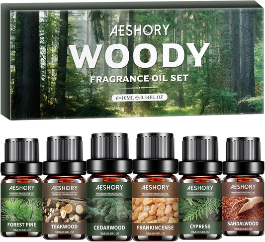Woody Essential Oils Set - 6x10ML Woody Scents Fragrance Oil for Candle Making, Diffuser - Teakwood, Sandalwood, Cedarwood, Cyperss, Forest Pine, Frankincense Aromatherapy Oils