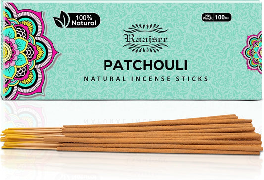 Raajsee Patchouli Incense Sticks 100 gm Pack-100% Pure Organic Natural Hand Rolled Free from Chemicals-Perfect for Church,Aromatherapy,Relaxation,Meditation,Positivity & Sensual Therapy - Glowelle