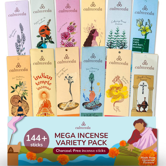 Natural Incense Sticks Mega - Variety Pack (144 Insence-Sticks Bulk, 12 Aromas) Clean No Charcoal, Made from Upcycled Flowers | Organic Incense Stick Non Toxic (Slow Burn, Longlast) - Glowelle