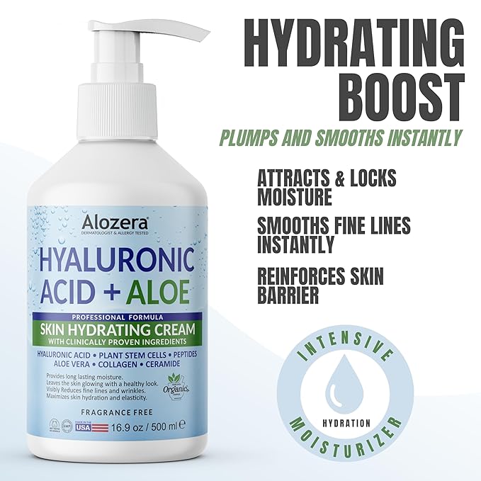 Alozera Hyaluronic Acid Face & Body Lotion with Aloe Vera, Daily Moisturizing Lotion for Dry Skin Hydration & Refresh, Non-Greasy, Lightweight, Fragrance-Free Moisturizer, 16.9 oz