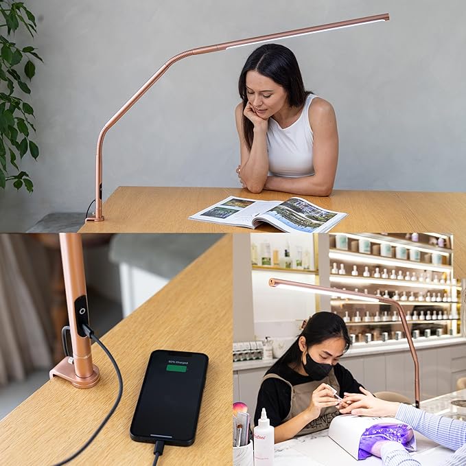 Daylight Slimline 4™ LED Table Lamp in Rose Gold - 6,000K, 3,200 Lux, 4 Brightness Levels, USB-C Charging Port, Anti-Glare Diffuser, Flexible Design, Art & Craft, Sewing, Nail Salon