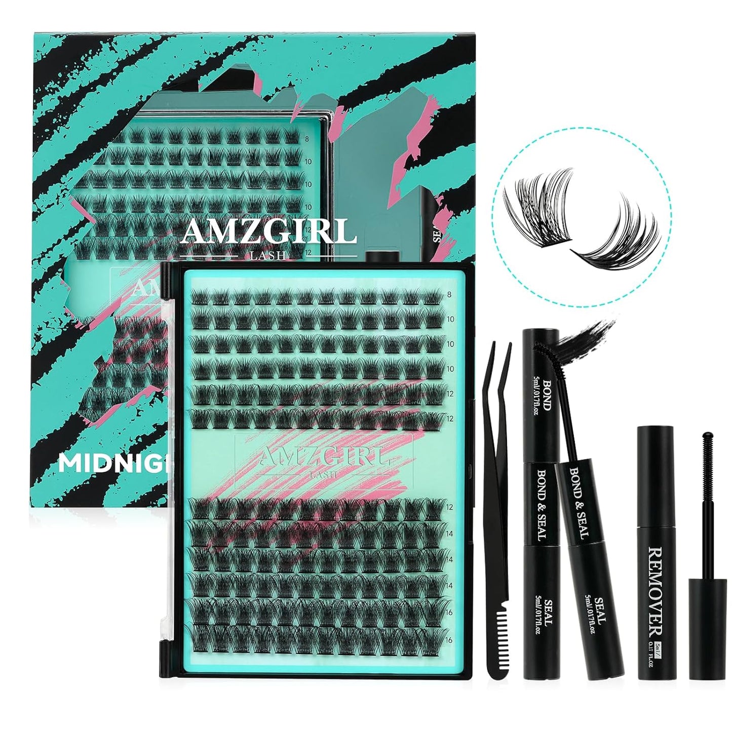 AMZGIRL LASH Midnight DIY Lash Extension Kit, 144 pcs Eyelash Clusters Kit Lash Bond and Seal, Lash Glue Remover and Applicator for Individual False Eyelashes Kit Lash Extensions(D-Mix 8-16mm Kit) - Glowelle