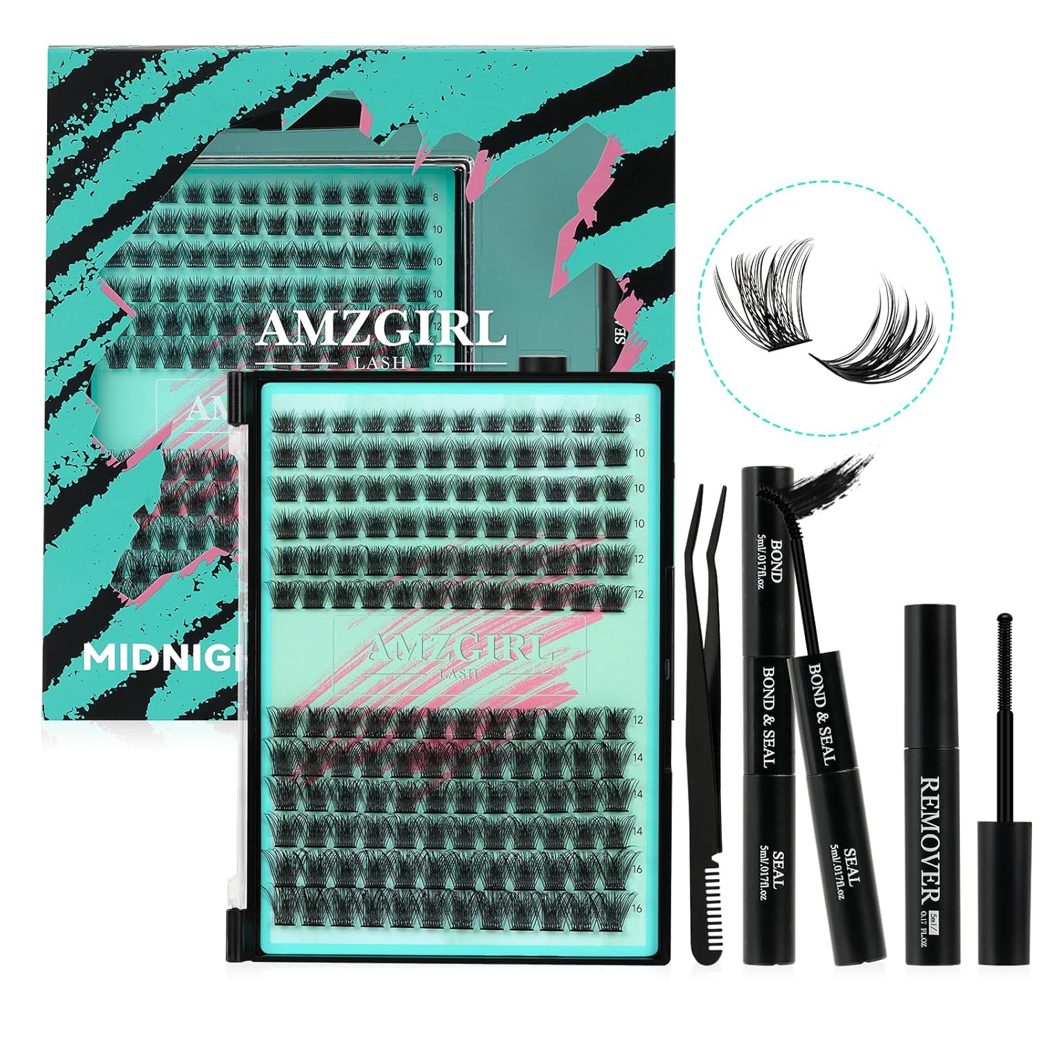 AMZGIRL LASH Midnight DIY Lash Extension Kit, 144 pcs Eyelash Clusters Kit Lash Bond and Seal, Lash Glue Remover and Applicator for Individual False Eyelashes Kit Lash Extensions(D-Mix 8-16mm Kit) - Glowelle