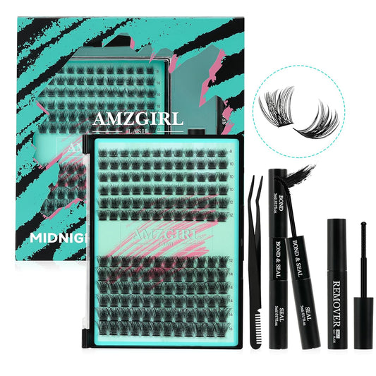 AMZGIRL LASH Midnight DIY Lash Extension Kit, 144 pcs Eyelash Clusters Kit Lash Bond and Seal, Lash Glue Remover and Applicator for Individual False Eyelashes Kit Lash Extensions(D-Mix 8-16mm Kit) - Glowelle