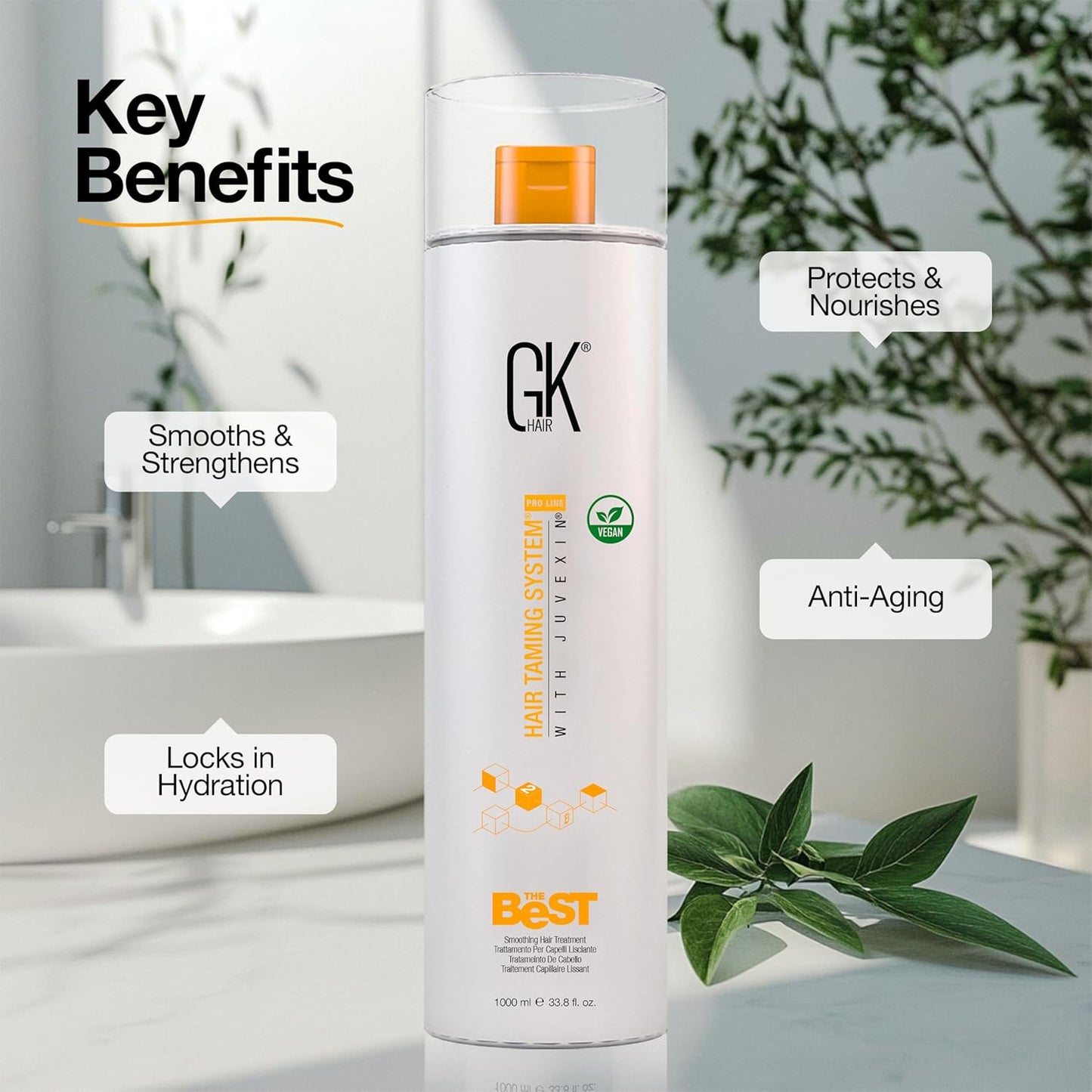 GK HAIR Global Keratin The Best (33.8 Fl Oz/1000ml) Smoothing Keratin Hair Treatment - Professional Brazilian Complex Blowout Straightening For Silky Smooth & Frizz Free Hair - Glowelle