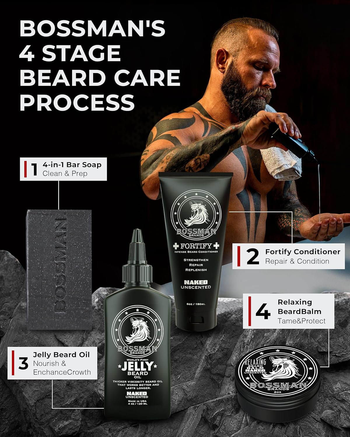 Bossman Fortify Intense Beard Conditioner for Men (Naked - Unscented) – Moisturizes, Replenishes & Protects with Natural Ingredients – Thicker Formula, Made in USA