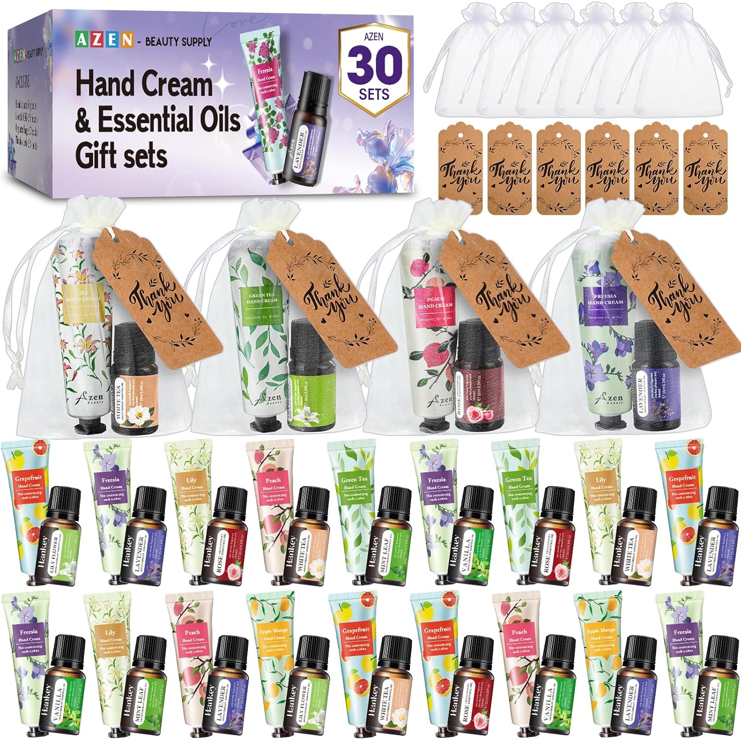 AZEN 30 Sets Bulk Gifts, Hand Cream and Essential Oils Bulk Set with Organza Bag Thank You Card, Baby Shower Wedding Gifts for Guests, Bridal Wedding Favors for Guests,Thank You Gifts for Women - Glowelle