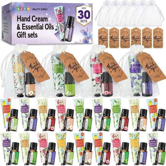 AZEN 30 Sets Bulk Gifts, Hand Cream and Essential Oils Bulk Set with Organza Bag Thank You Card, Baby Shower Wedding Gifts for Guests, Bridal Wedding Favors for Guests,Thank You Gifts for Women - Glowelle