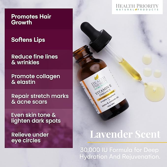 Health Priority Naturals|Organic Vitamin E Oil for Skin/Scars - 30,000 IU, 1 Fl Oz - Handmade in South Carolina, Non-GMO, Gluten/Cruelty Free, Vegan - Lavender Scented (Pack of 2)