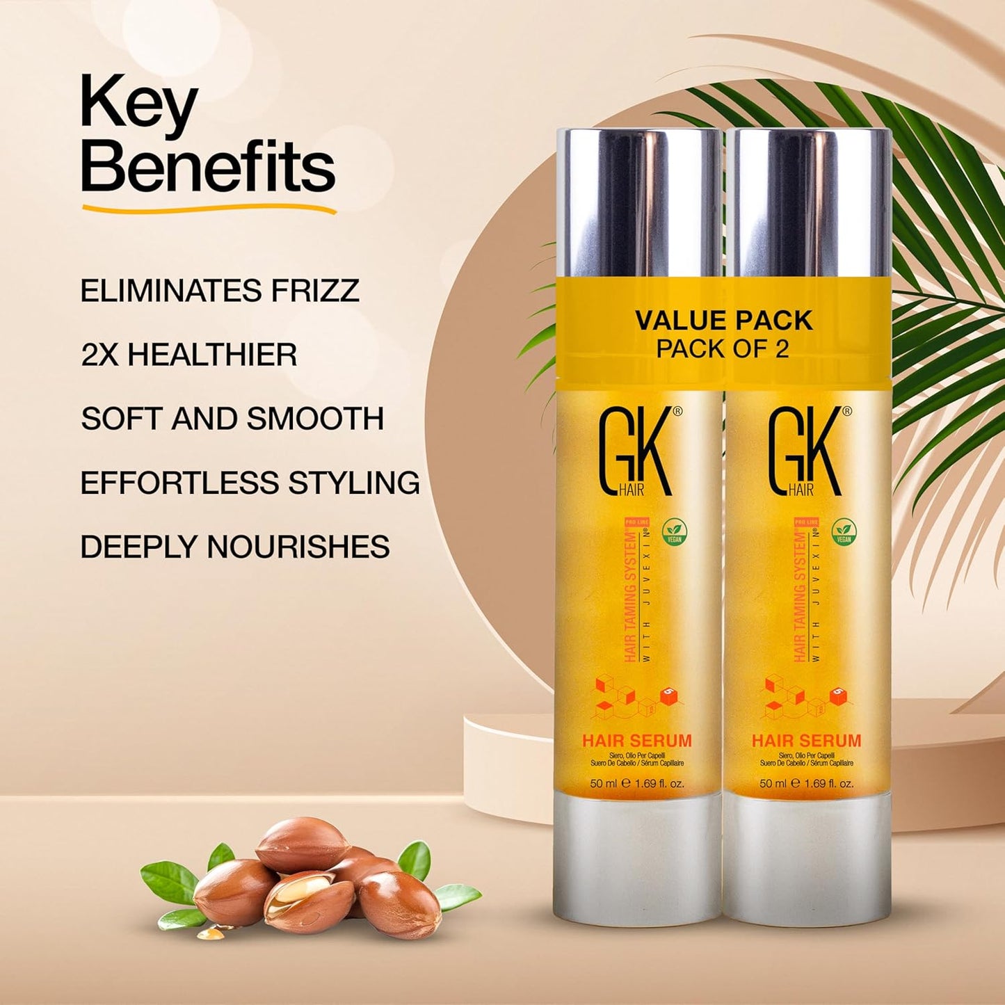 GK HAIR Global Keratin 100% Organic Argan Oil Anti Frizz Hair Serum Pack of 2 (1.69 Fl Oz/50ml) Styling Smoothing Strengthening Hydrating & Nourishing Heat Protection Shine For Frizzy Dry Damaged Hair