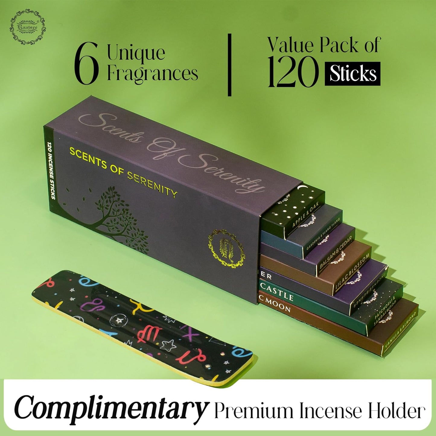 Raajsee Natural Incense Sticks with Inscent Holder, Pack of 6 Organic Insence-Sticks, 120 Incent Sticks, No Black Smoke,Witchy Gifts, Balsam & Cedar, Sandalwood, Apple Oak, Ylang Ylang, Vanilla - Glowelle