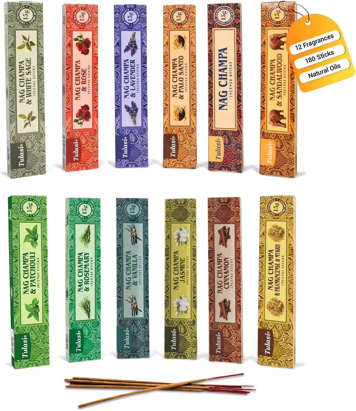 Nag Champa Incense Sticks with Natural Oils, Assorted Incense Set of 12 Scents - Lavender, Rose, Sandalwood, Vanilla, White Sage, Cinnamon, Rosemary etc, Positive Aroma for Meditation, Yoga & Prayer - Glowelle