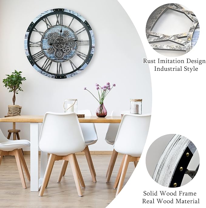 36 Inch Moving Gear Wall Clock, Oversized Wall Clocks, Clock Living Room Decor, Solid Wood Frame, Battery Operated, Large Wall Clock with Steampunk Industrial for Fireplace