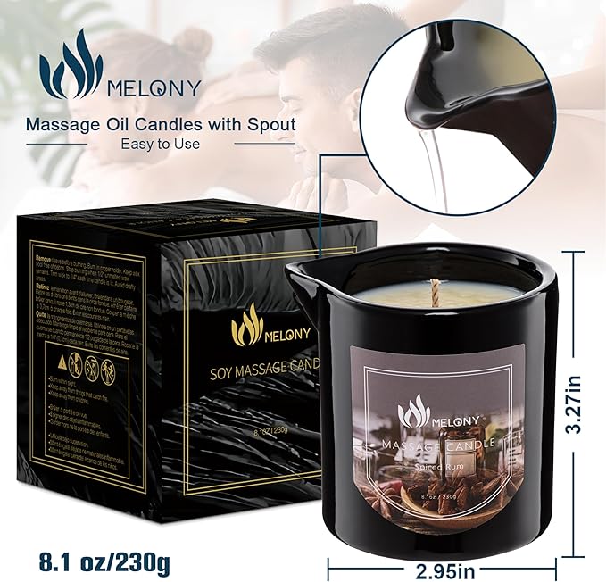 MELONY Massage Oil Candle | Great for Calming, Soothing and to Relax | with Natural Soy Wax | 8.1oz (Spiced Rum)