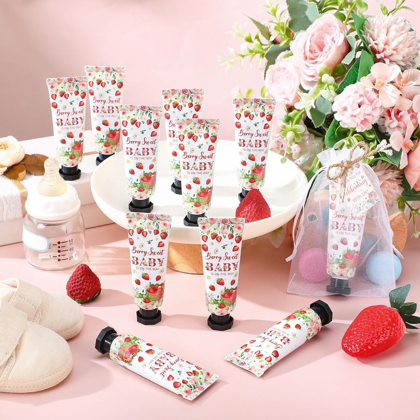 48 Sets Strawberry Hand Cream Gifts Baby Shower Party Hand Cream Favors for Guests Berry Sweet Baby Is on the Way Gift Bulk Travel Size Hand Lotion Set for Guest - Glowelle