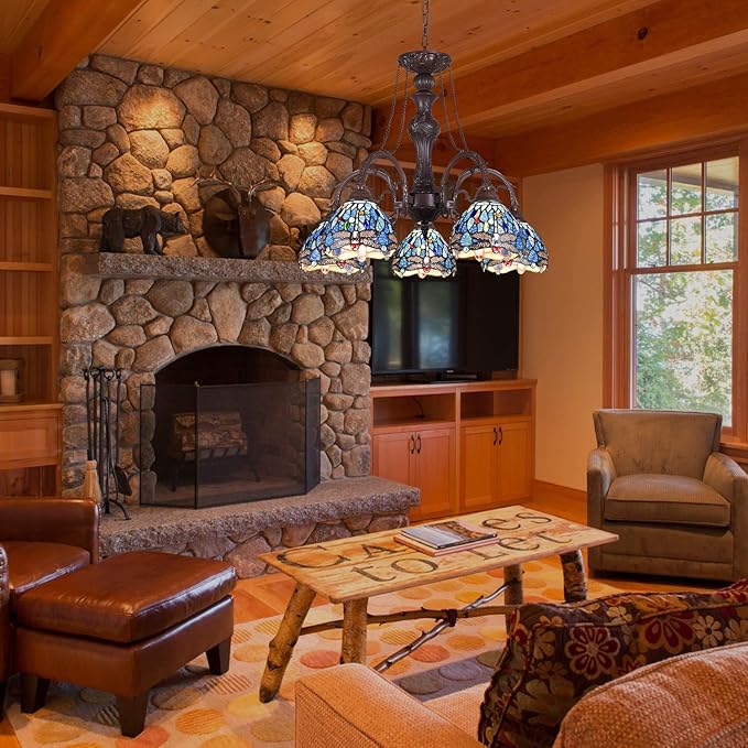 Capulina Tiffany Lamp Stained Glass Pendant Light Chandelier 5-Light Antique Blue Dragonfly Tiffany Style Hanging Lamp Decor for Living Romm Dining Room Kitchen Foyer Home Office