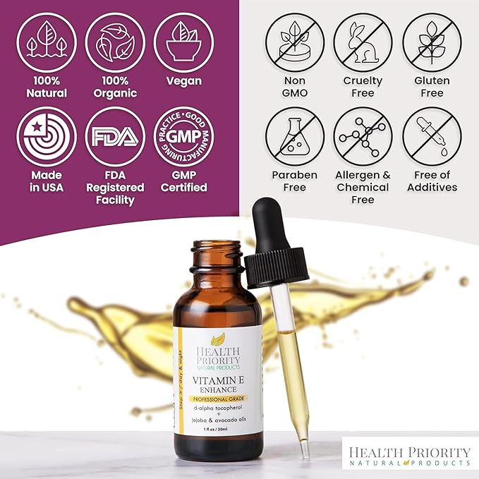 Health Priority Naturals|Organic Vitamin E Oil for Skin/Scars - 30,000 IU, 1 Fl Oz - Handmade in South Carolina, Non-GMO, Gluten/Cruelty Free, Vegan - Lavender Scented (Pack of 2)
