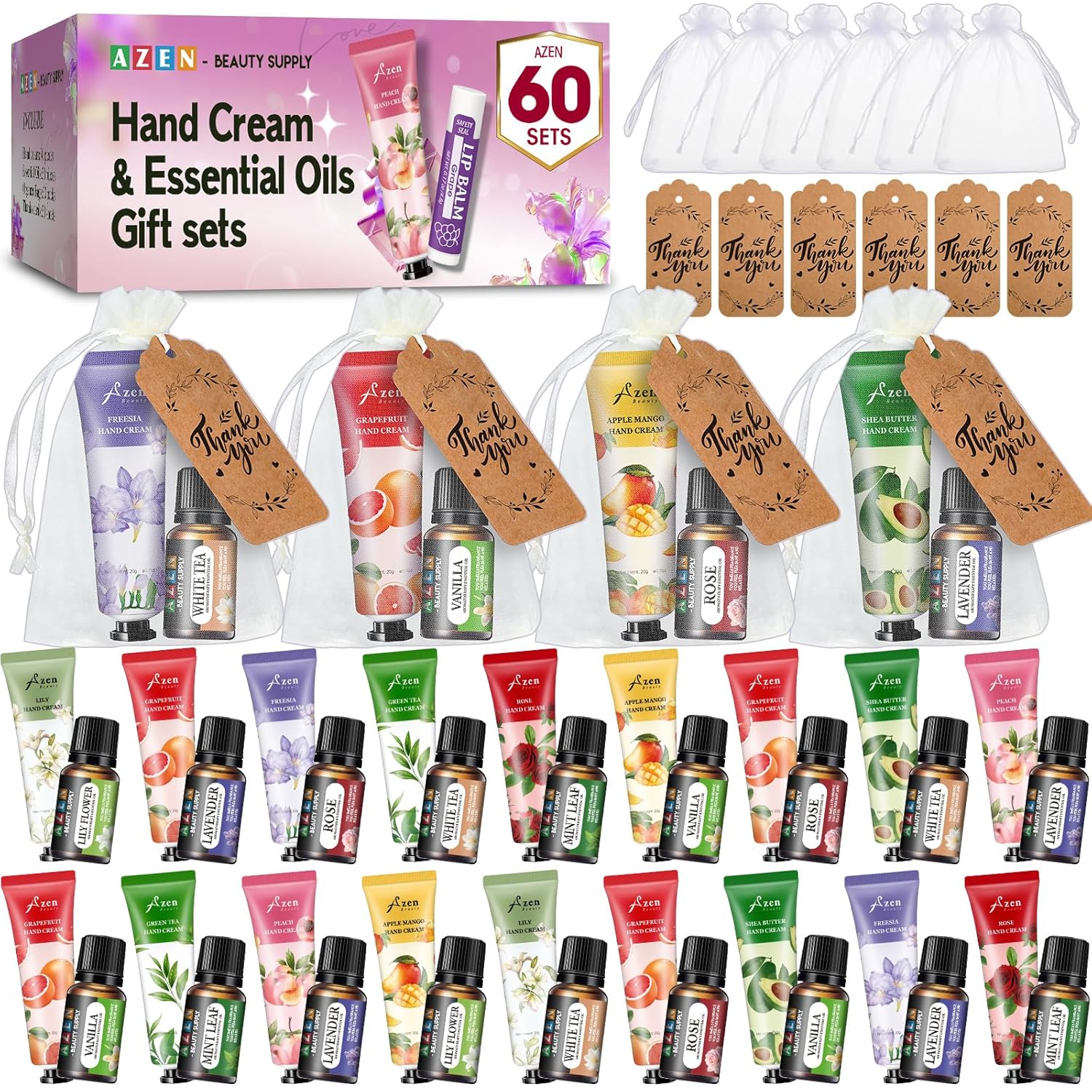 AZEN 60 Sets Bulk Gifts, Hand Cream and Essential Oils Bulk Set with Organza Bag Thank You Card, Baby Shower Wedding Gifts for Guests, Bridal Wedding Favors for Guests,Thank You Gifts for Women - Glowelle