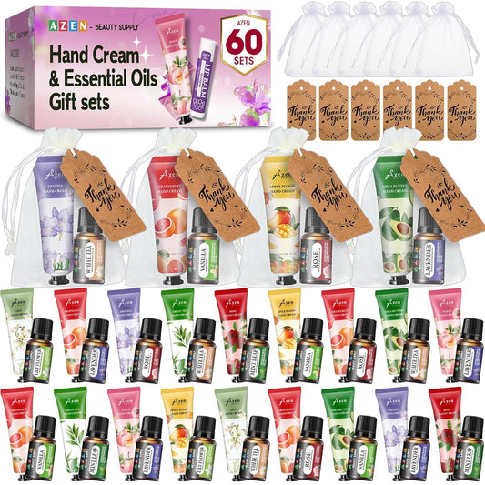 AZEN 60 Sets Bulk Gifts, Hand Cream and Essential Oils Bulk Set with Organza Bag Thank You Card, Baby Shower Wedding Gifts for Guests, Bridal Wedding Favors for Guests,Thank You Gifts for Women - Glowelle