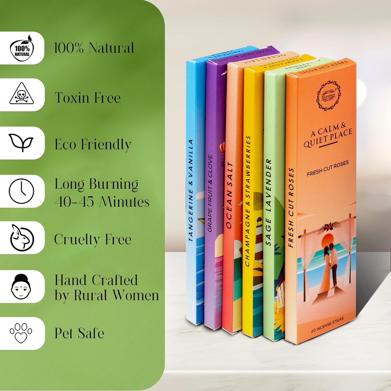 Raajsee Incense Sticks Natural, Set of 6 Organic Incents –120 Insence-Sticks with Holder– Aromatherapy Gifts, Non Toxic Clean Burning for Spiritual Cleansing – Ocean Salt, Grape Fruit Clove, Sage - Glowelle