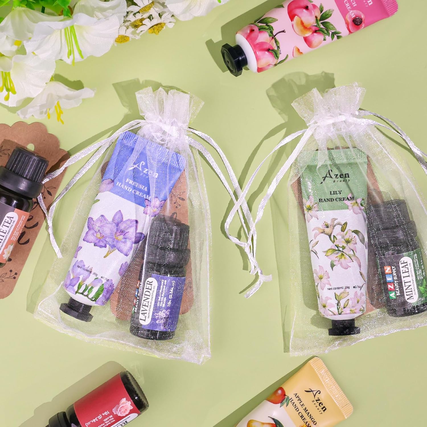 AZEN 60 Sets Bulk Gifts, Hand Cream and Essential Oils Bulk Set with Organza Bag Thank You Card, Baby Shower Wedding Gifts for Guests, Bridal Wedding Favors for Guests,Thank You Gifts for Women - Glowelle