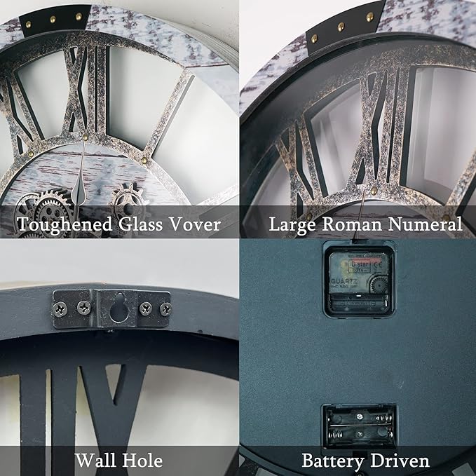 36 Inch Moving Gear Wall Clock, Oversized Wall Clocks, Clock Living Room Decor, Solid Wood Frame, Battery Operated, Large Wall Clock with Steampunk Industrial for Fireplace