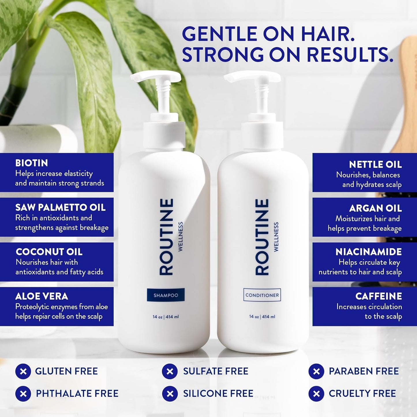 Routine Wellness Shampoo and Conditioner Set and Hair Serum for Thinning Hair - DHT Blocker Women & Men - Color Safe Shampoo for Hair Loss & Healthier Hair - Coconut & Vanilla Set + Serum - Glowelle