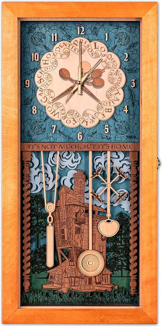 ZE WOOD Weasley Family Harry Potter 3D Wall Clock - Unique Collectible Oak Brown Wooden Clock, Silent Large Modern Rustic Decorative Home Decor for Harry Potter Fans, Mother's Day Gift (4 spoons, XL)