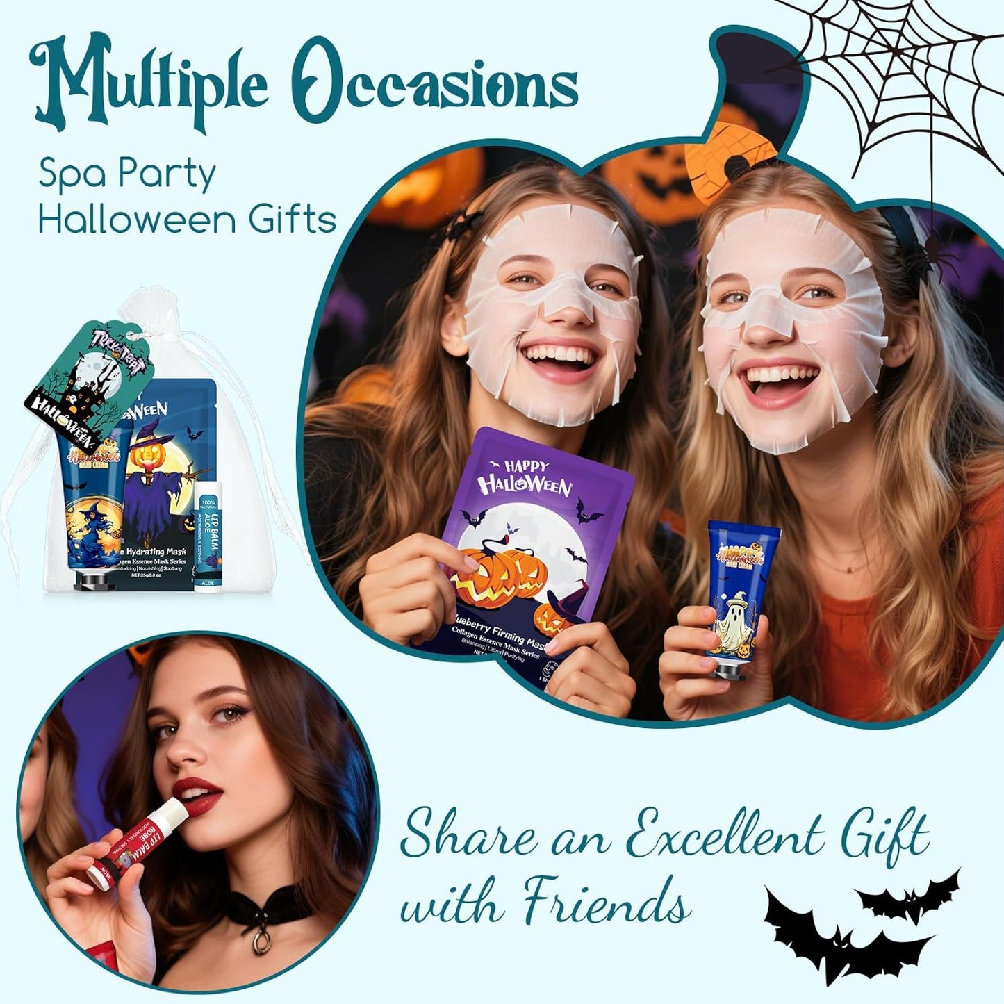 VESPRO 50 Pack Halloween Hand Cream, Facial Mask and Lip Balm Set, Bulk Halloween Gifts for Women, Halloween Decorations, Halloween Party Favors, Halloween Basket Stuffers and Halloween Skincare - Glowelle