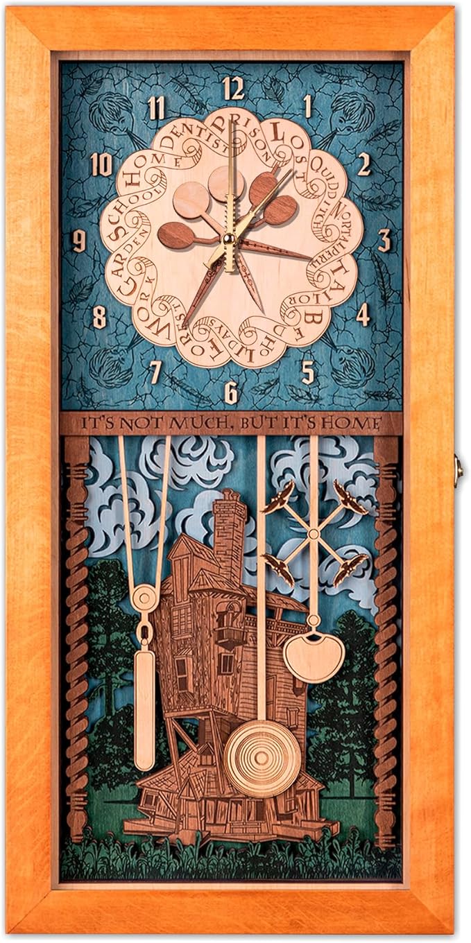 ZE WOOD Weasley Family Harry Potter 3D Wall Clock - Unique Collectible Oak Brown Wooden Clock, Silent Large Modern Rustic Decorative Home Decor for Harry Potter Fans, Mother's Day Gift (5 spoons, XL)