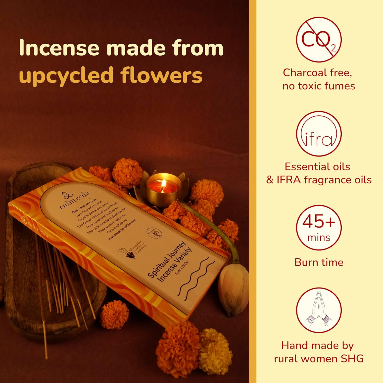 Natural Incense Sticks Variety Pack - (5 Variants) Charcoal Free Inscents-Sticks, Made from Upcycled Flowers | Sacred Insence-Sticks from All Cultures (Inciensos Aromaticos) - Glowelle