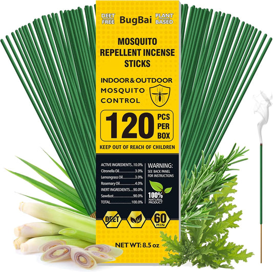 BugBai® Mosquito Repellent Outdoor Patio 120 PCS, Citronella Oil Mosquito Incense Sticks Indoor Home Pet Family Safe, Natural Plant-Based Bug Insect Barrier for Yard Garden Lawn Camping Fishing - Glowelle