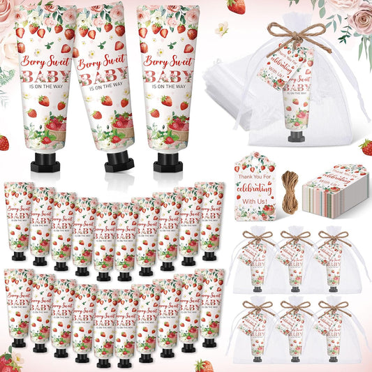 48 Sets Strawberry Hand Cream Gifts Baby Shower Party Hand Cream Favors for Guests Berry Sweet Baby Is on the Way Gift Bulk Travel Size Hand Lotion Set for Guest - Glowelle