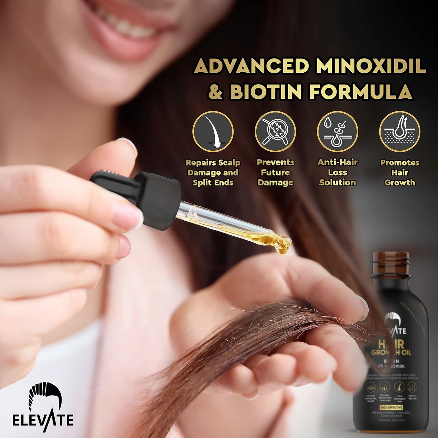 Elevate Hair Regrowth Treatment 5% Minoxidil Solution - Biotin Serum Hair Growth Oil for Men & Women - Thicker Fuller Stronger Hair - Stops Hair Loss & Thinning - Natural Hair Thickening Treatment 1oz - Glowelle