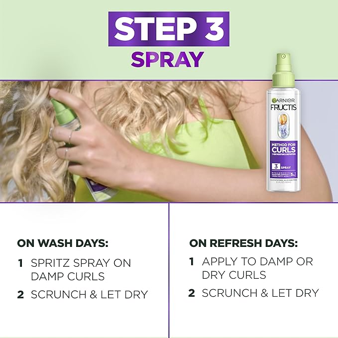 Garnier Fructis Method for Curls Curly Hair Products, Moisture Filling Shampoo, Hair Mask and Curl Refresher Spray, Designed and Tested for 2C to 4C Curls and Coils, 1 Kit