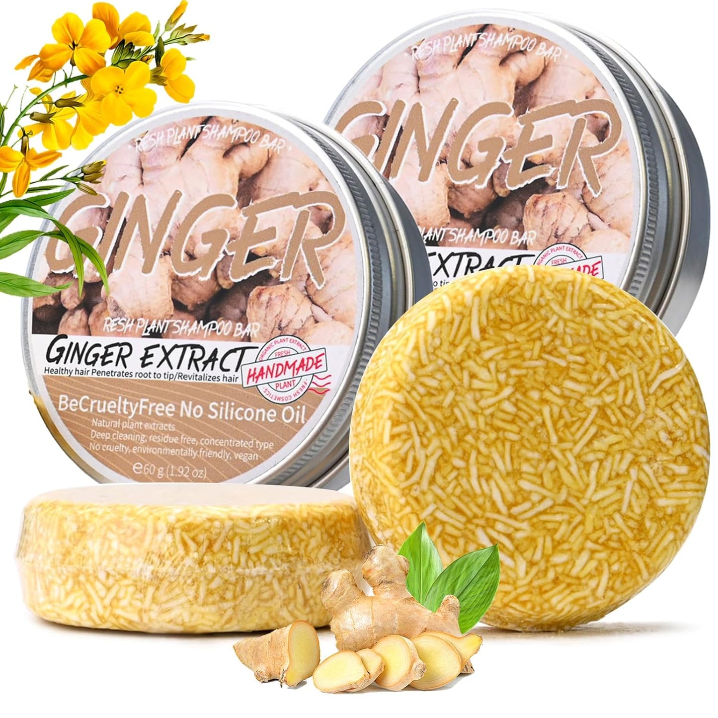 2PCS Ginger Shampoo Bar for Gray Hair, Natural Organics Shampoo and Conditioner Bar for Thinning Hair for Men & Women (Ginger) - Glowelle