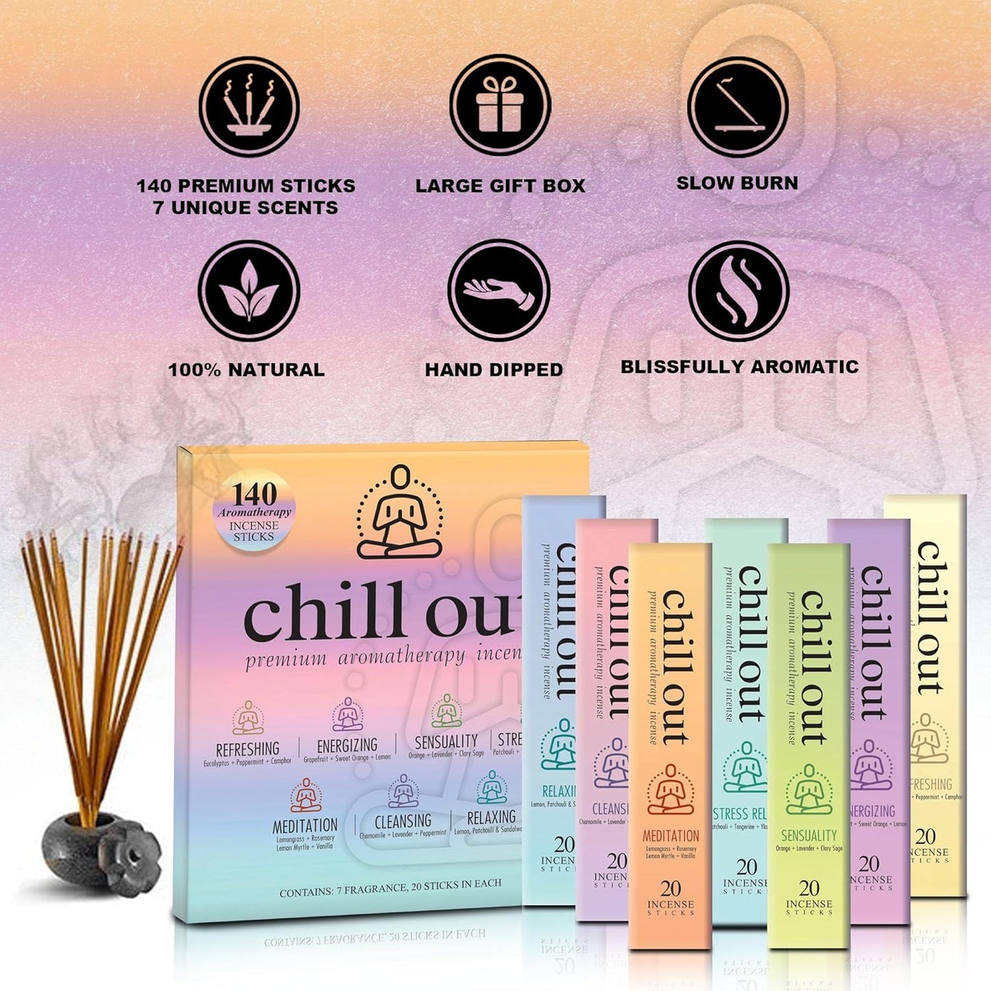 Mecka Chill Out Aromatherapy Incense Sticks Gift Set | Set of 7 Unique Scents- 140 Insence-Sticks for Yoga, Relaxation, Meditation & Positivity | Premium Organic and Slow Burning Insenses - Glowelle