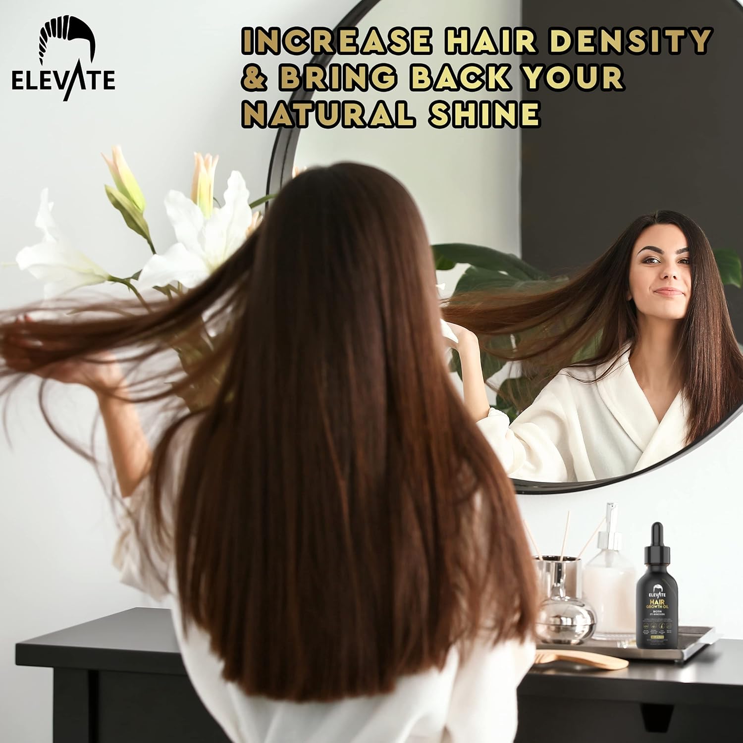 Elevate Hair Regrowth Treatment 5% Minoxidil Solution – Biotin Serum Hair Growth Oil for Men & Women - Thicker Fuller Stronger Hair - Stops Hair Loss & Thinning - Natural Hair Thickening Treatment 2oz - Glowelle