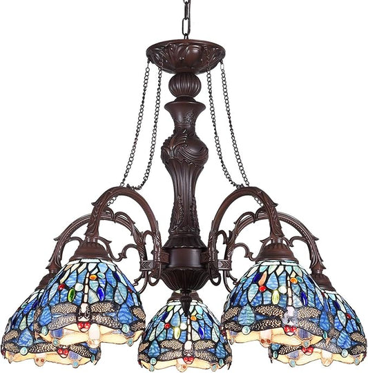 Capulina Tiffany Lamp Stained Glass Pendant Light Chandelier 5-Light Antique Blue Dragonfly Tiffany Style Hanging Lamp Decor for Living Romm Dining Room Kitchen Foyer Home Office