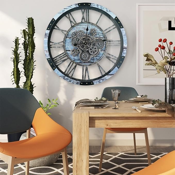 36 Inch Moving Gear Wall Clock, Oversized Wall Clocks, Clock Living Room Decor, Solid Wood Frame, Battery Operated, Large Wall Clock with Steampunk Industrial for Fireplace