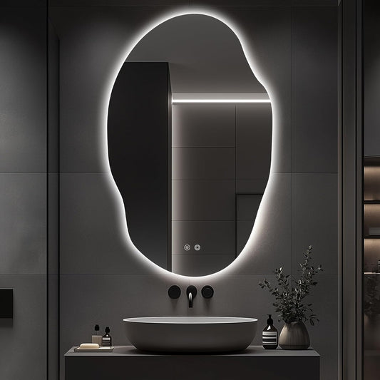 Asymmetrical LED Bathroom Mirror with Lights,Irregular Led Bathroom Vanity Mirror for Wall with Front and Backlit, Anti Fog, 3 Colors and Dimmable Light,[Horizontal/Vertical] 48" H x 30" W