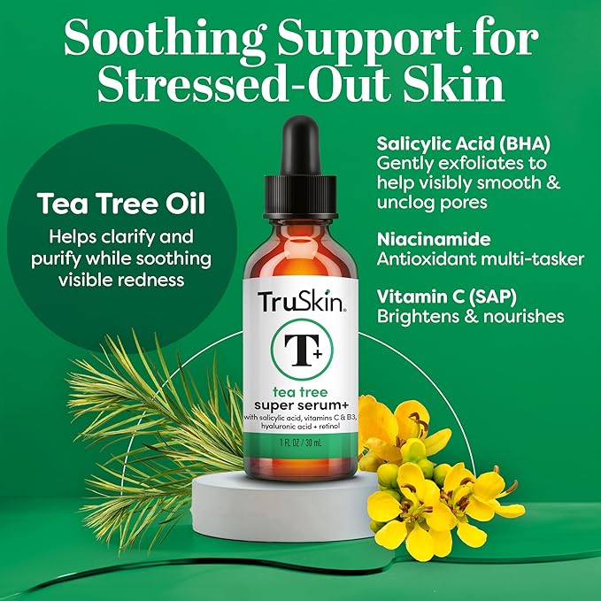 TruSkin Tea Tree Oil Acne Treatment Serum for Face – Salicylic Acid, Niacinamide, Vitamin C & Retinol – Clarifying Super Facial Serum for Acne-Prone Skin & Pores, 1 Fl Oz