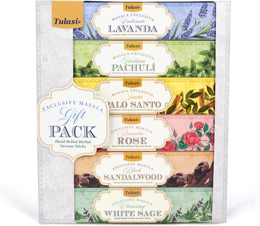 Tulasi Herbal Masala - Gift Pack of 6 x 15Gm, Hand Rolled Fragrance Incense Sticks for Aromatherapy, Relaxing, Yoga, Meditation, Prayer, 120 Herbal Incense Sticks with Natural Oils - Glowelle