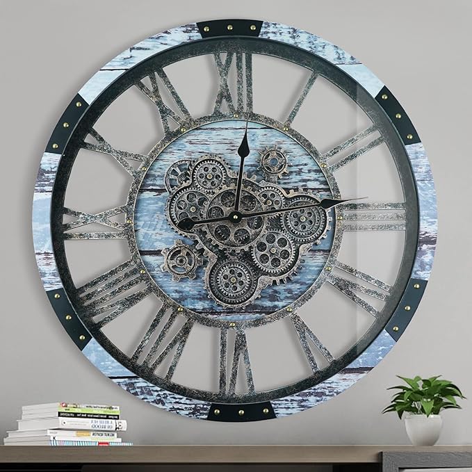 36 Inch Moving Gear Wall Clock, Oversized Wall Clocks, Clock Living Room Decor, Solid Wood Frame, Battery Operated, Large Wall Clock with Steampunk Industrial for Fireplace